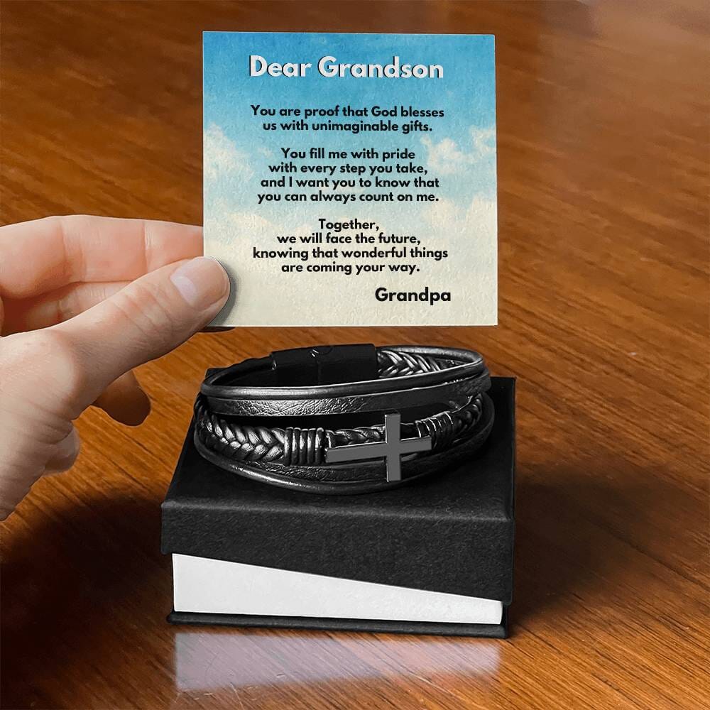 Eternal Bond: Grandson's Cross Leather Bracelet with Personalized Blessing Message