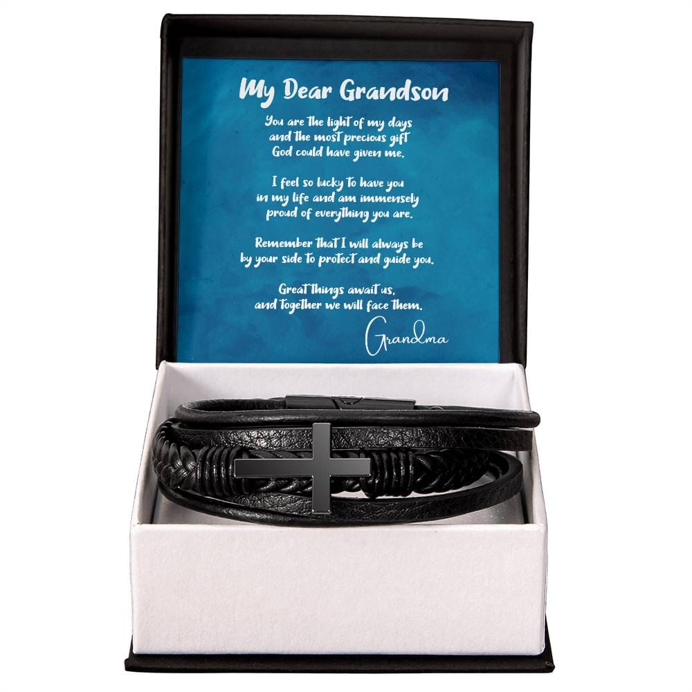 Eternal Bond: Grandson's Leather Cross Bracelet with Personalized Message of Love