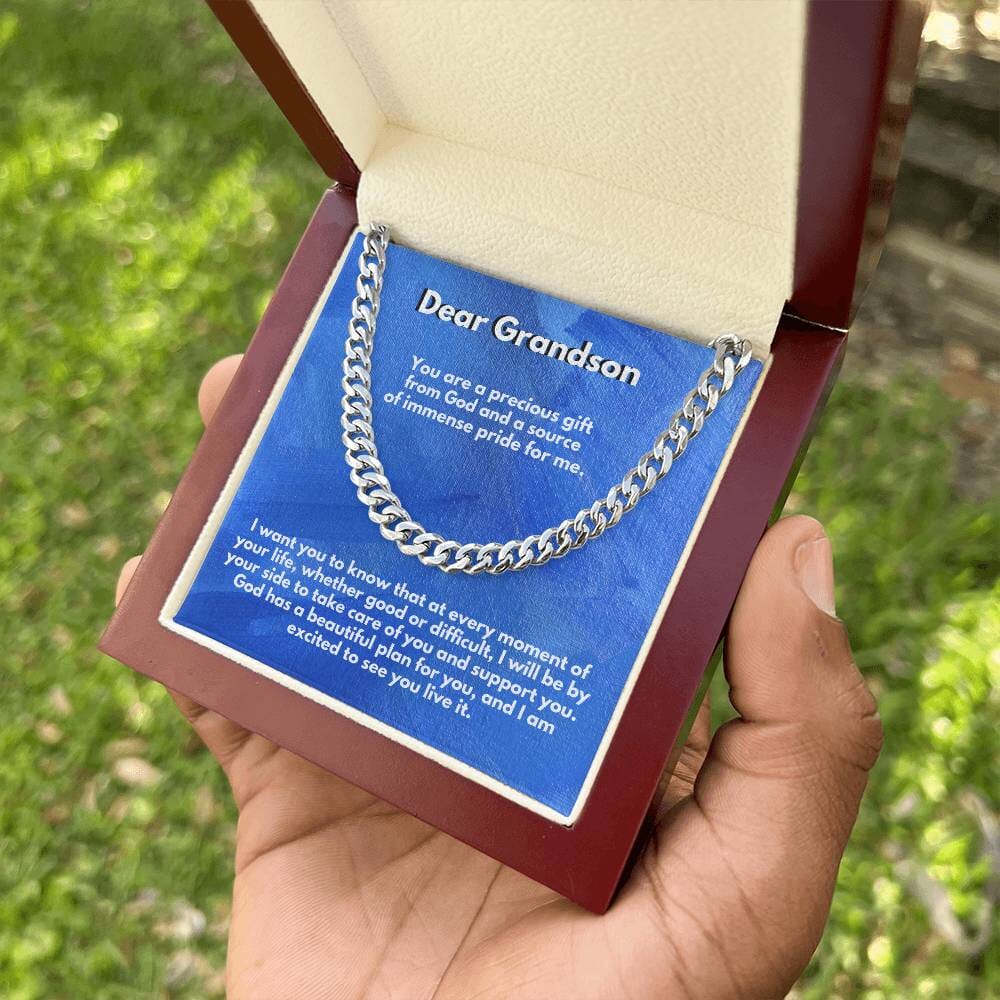 Eternal Bond: Grandson's Timeless Cuban Link Chain with Personalized Message from [Grandma or Grandpa]