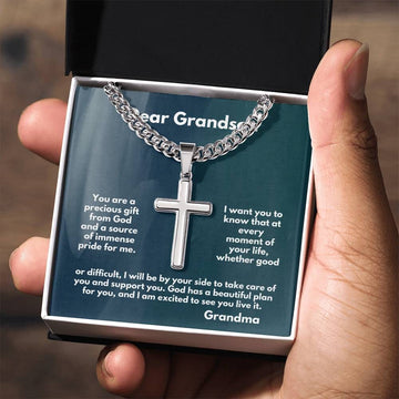 Eternal Bond of Love: Grandparent to Grandson Artisan Cross Necklace with Sentimental Message