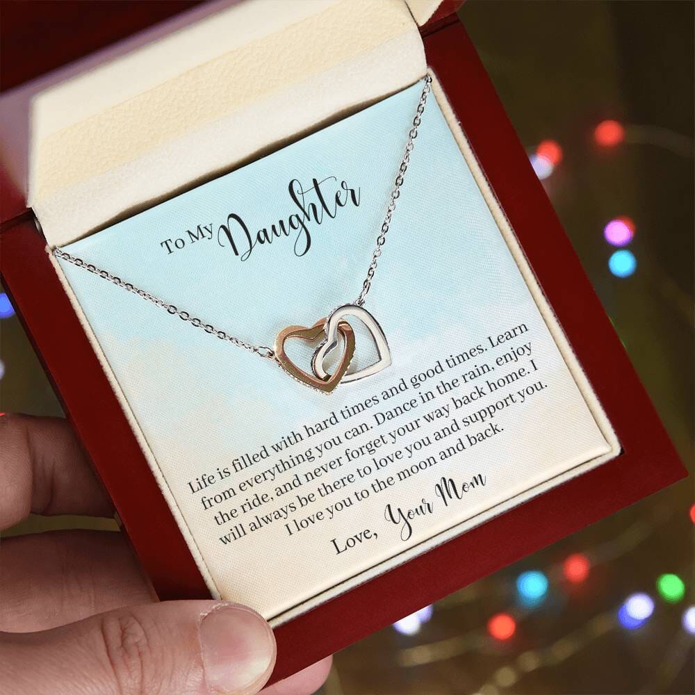 Everlasting Embrace: Interlocking Hearts Necklace with Sentimental Mother to Daughter Message