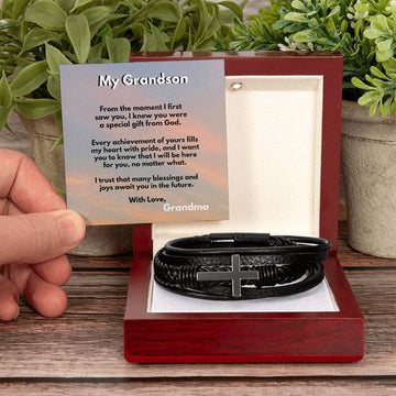 Grandparent's Blessing: Men's Cross Leather Bracelet with Personalized Sentimental Message