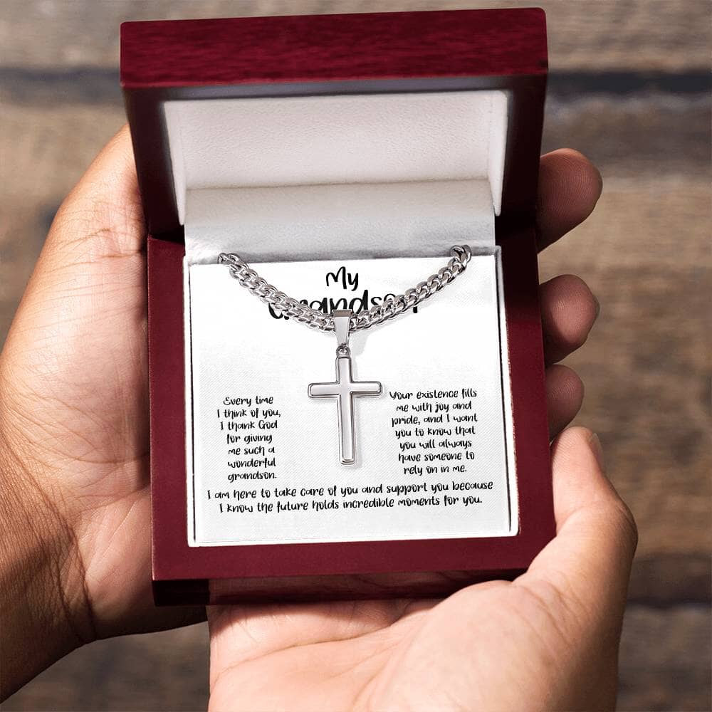 Grandparent's Embrace: Personalized Artisan Cross Necklace with Heartfelt Message