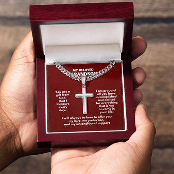 Grandson's Guardian Angel: Personalized Artisan Cross Necklace with Sentimental Message