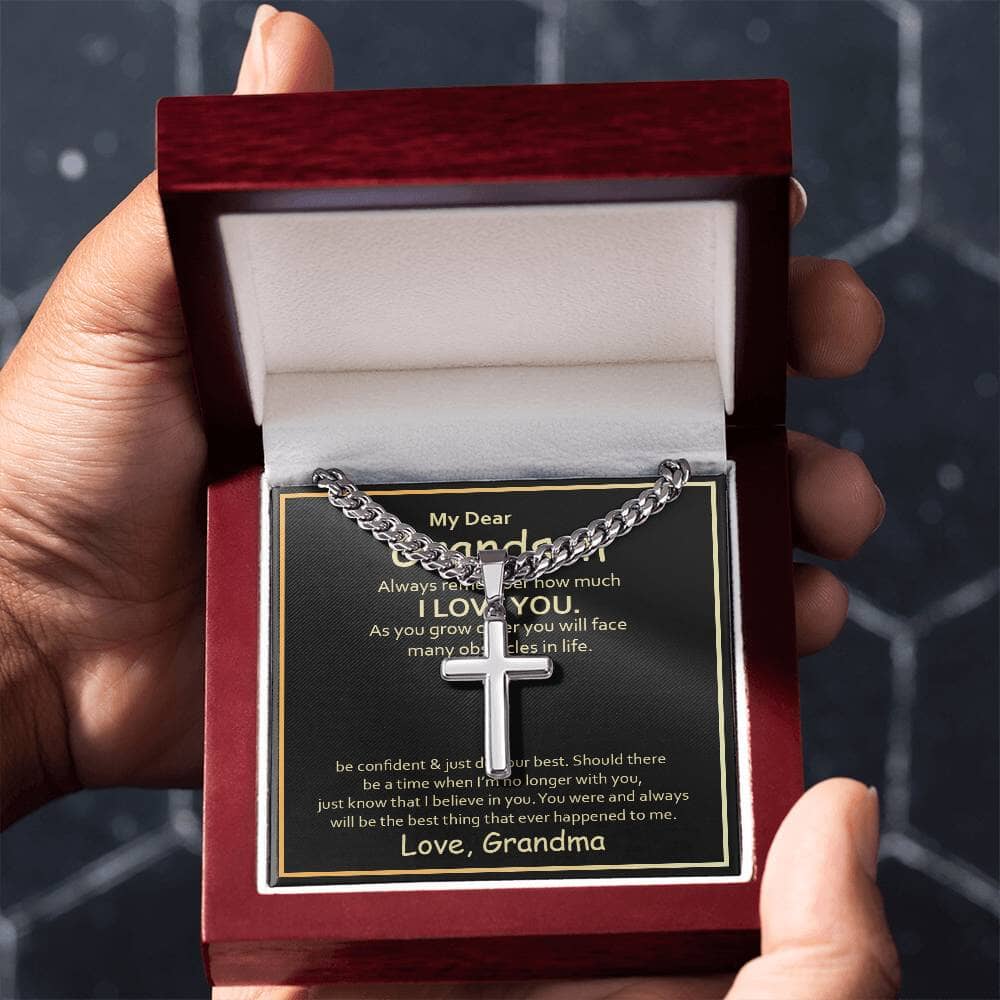 Grandson's Legacy of Love and Strength: Artisan Cross Necklace with Sentimental Message