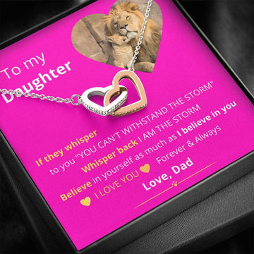 To My Daughter - This Old Lion Will Always Have Your Back - Interlocking hearts Necklace (Pink Card)