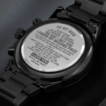 To my Man, my best friend, my soulmate - Engraved Design Black Chronograph Watch