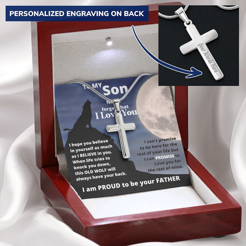 To my Son - This Old Wolf always have your back- Stainless Steel Cross Necklace From DAD